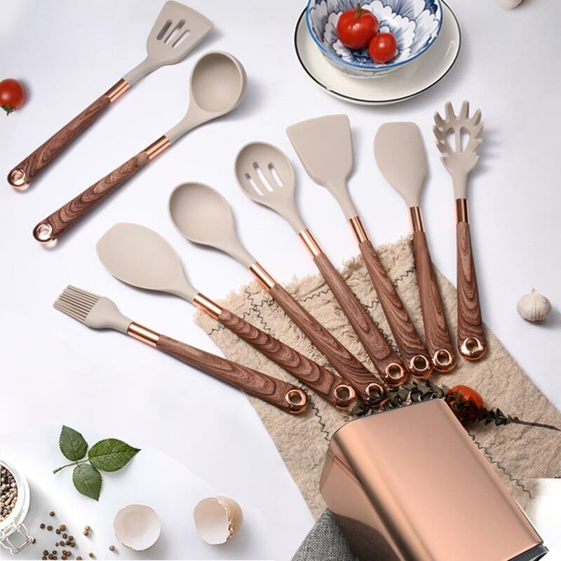 10-Piece Silicone Kitchen Utensil Set with Rose Organizer