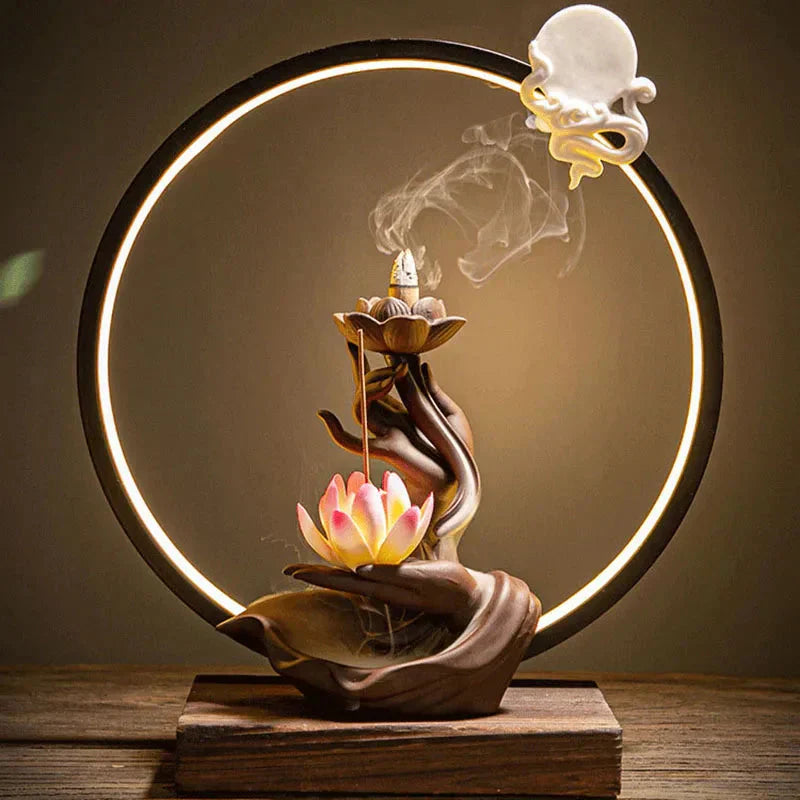 Queimador de Incenso Cascata Lótus com LED