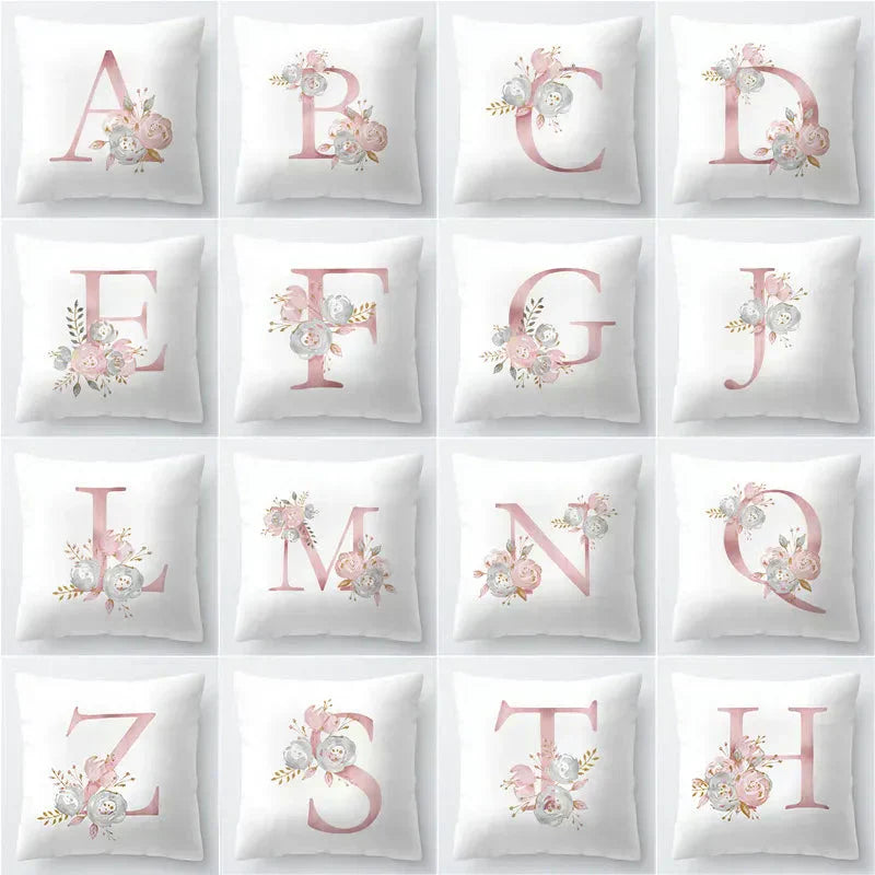 Pink Letter Decorative Pillow Cover with Floral Print